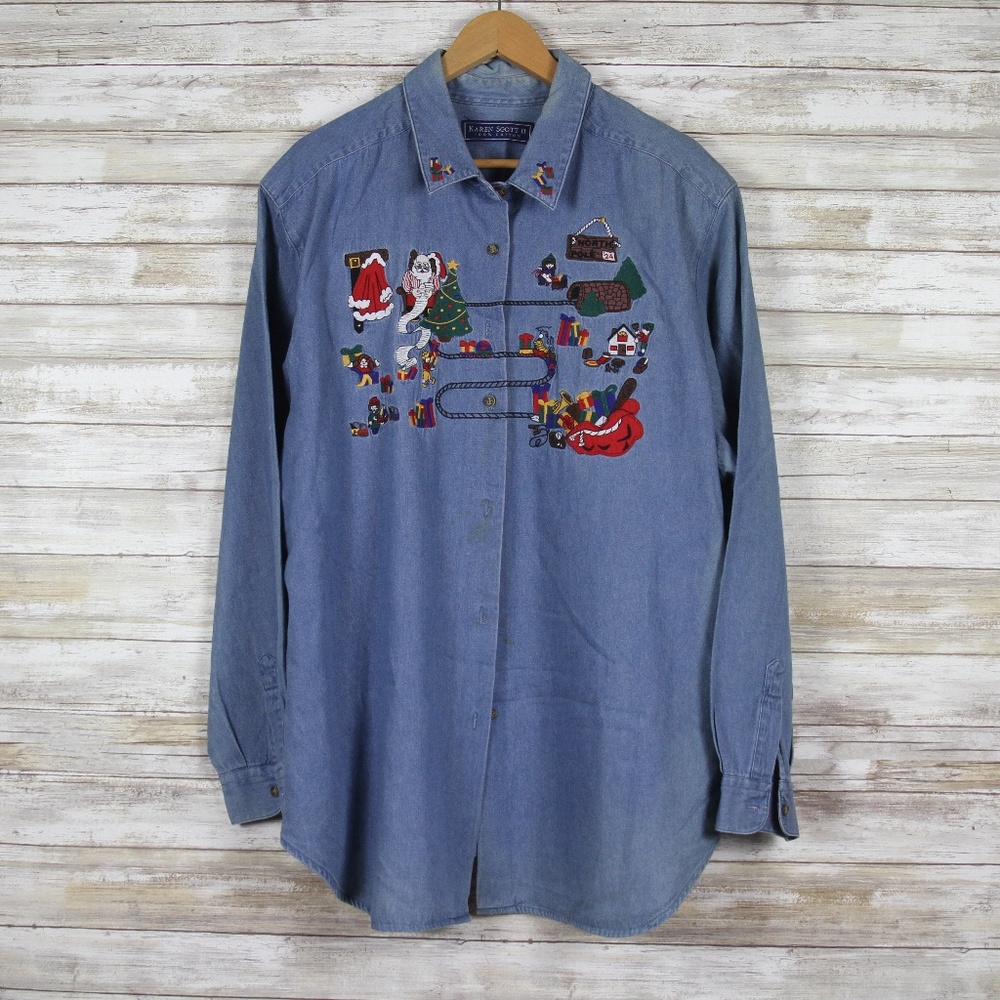 Rare Karen Scott Christmas Button Up Cotton Shirt
